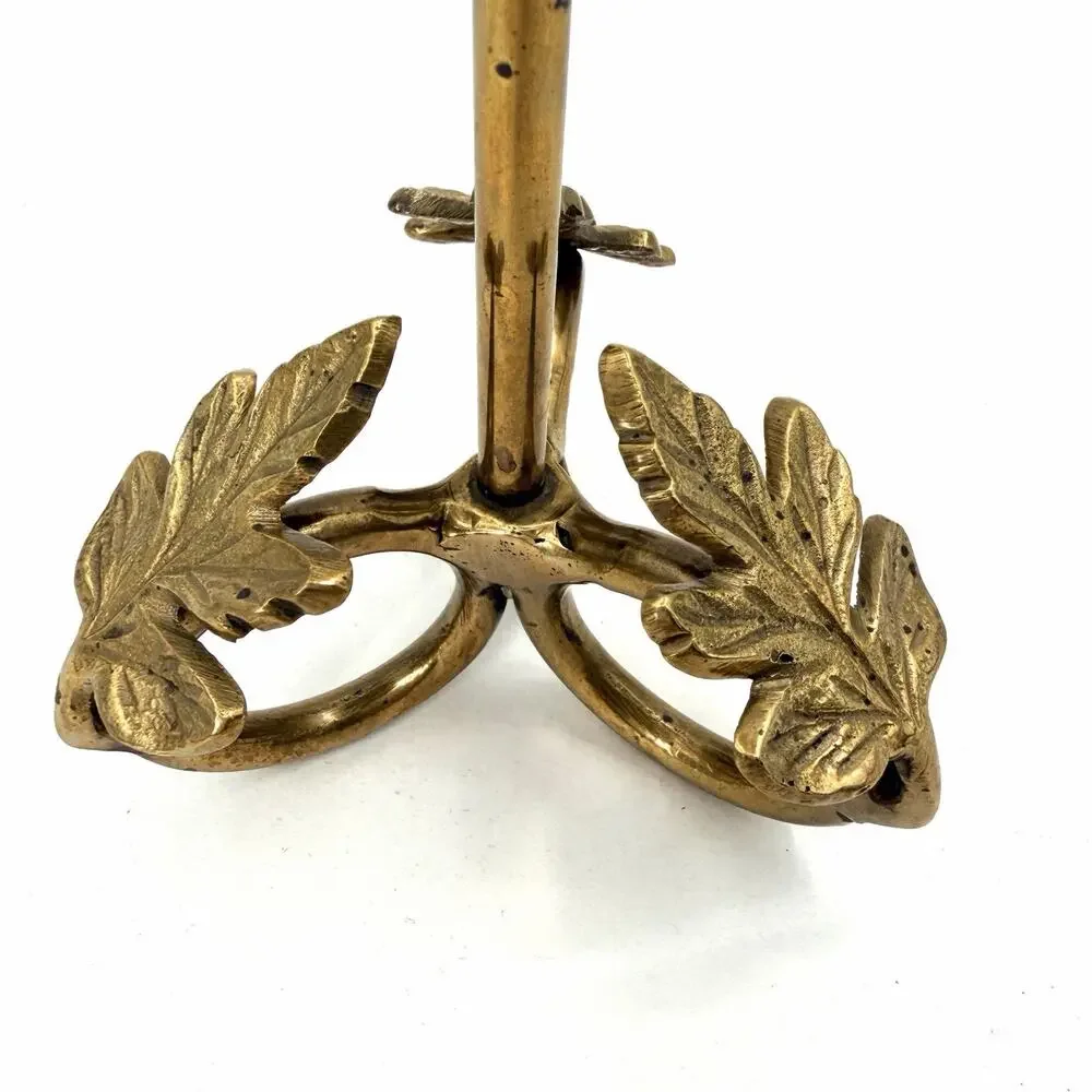 Vintage Tall Brass Pillar Candle Holder Leaf Design with Character